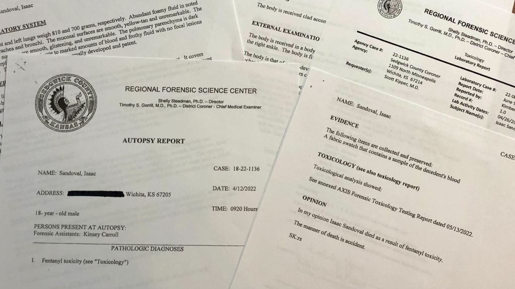 Copies of the autopsy report for Isaac Sandoval who died of fentanyl toxicity.